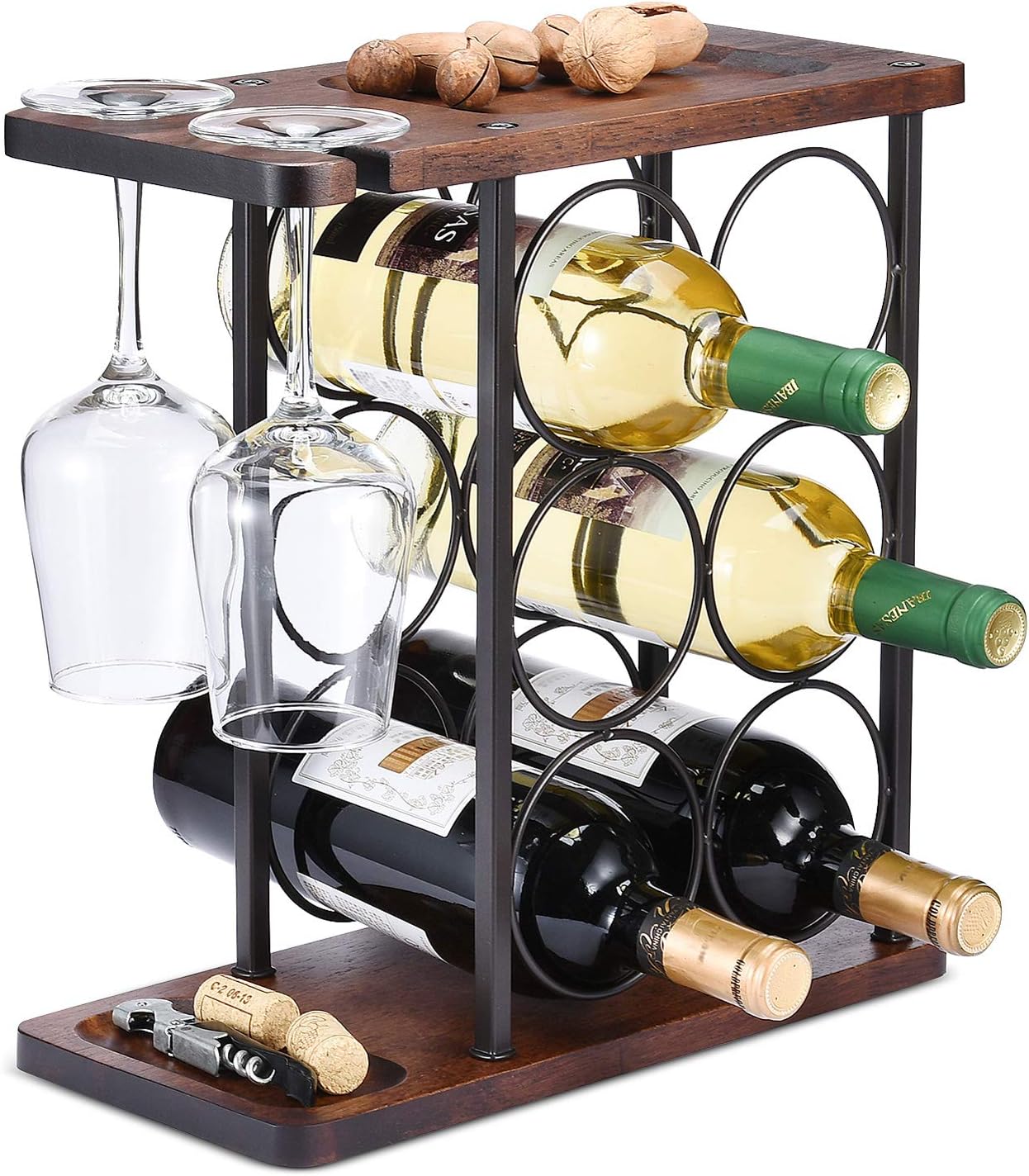 ALLCENER 6-Bottle Wine Rack with 2 Glass Holder