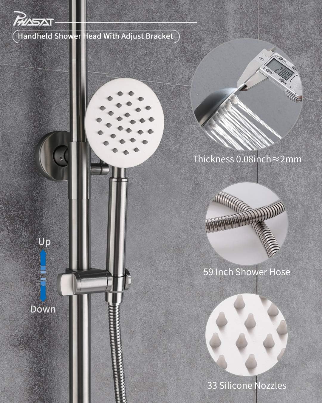 PHASAT 3 Functions Stainless Steel Shower System with Rainfall Head