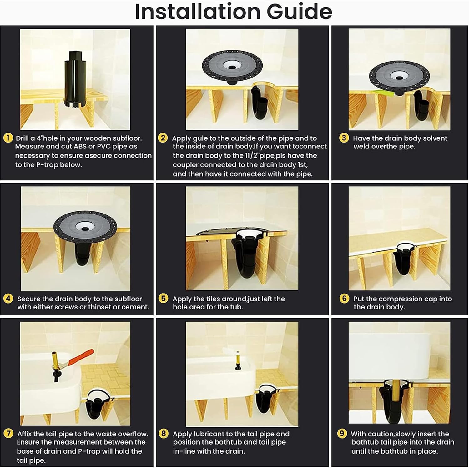 Freestanding Bathtub Drain Mounting Kit with ABS Adapter and Brass Liner