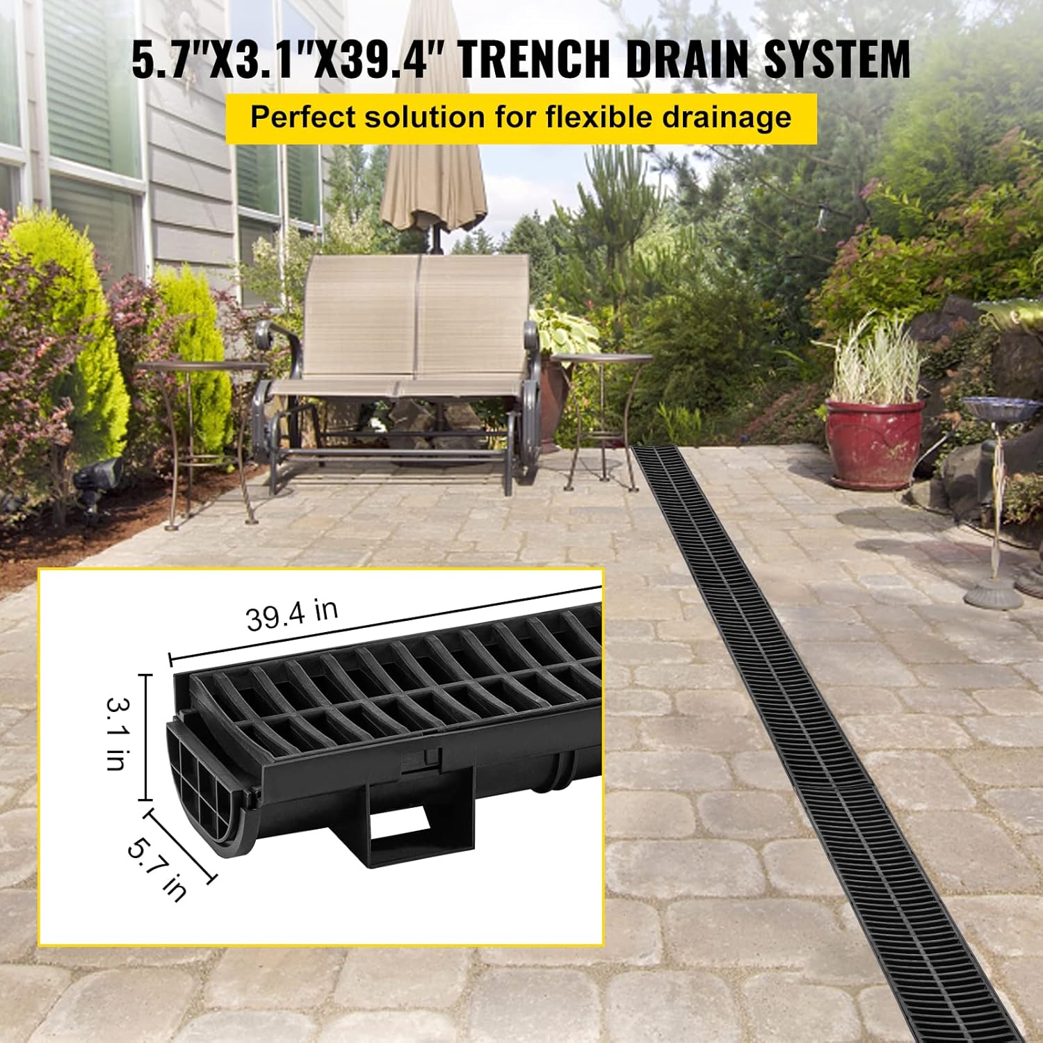 VEVOR HDPE Trench Drain System 57x31-Inch Black 5-Pack