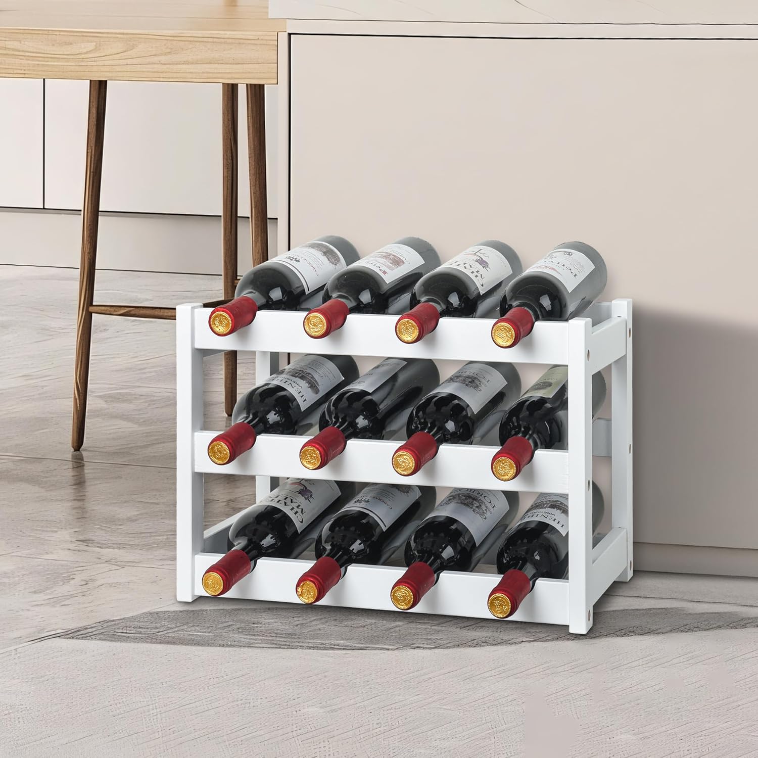 VASMIA Bamboo Wine Rack 3-Tier 12 Bottles White