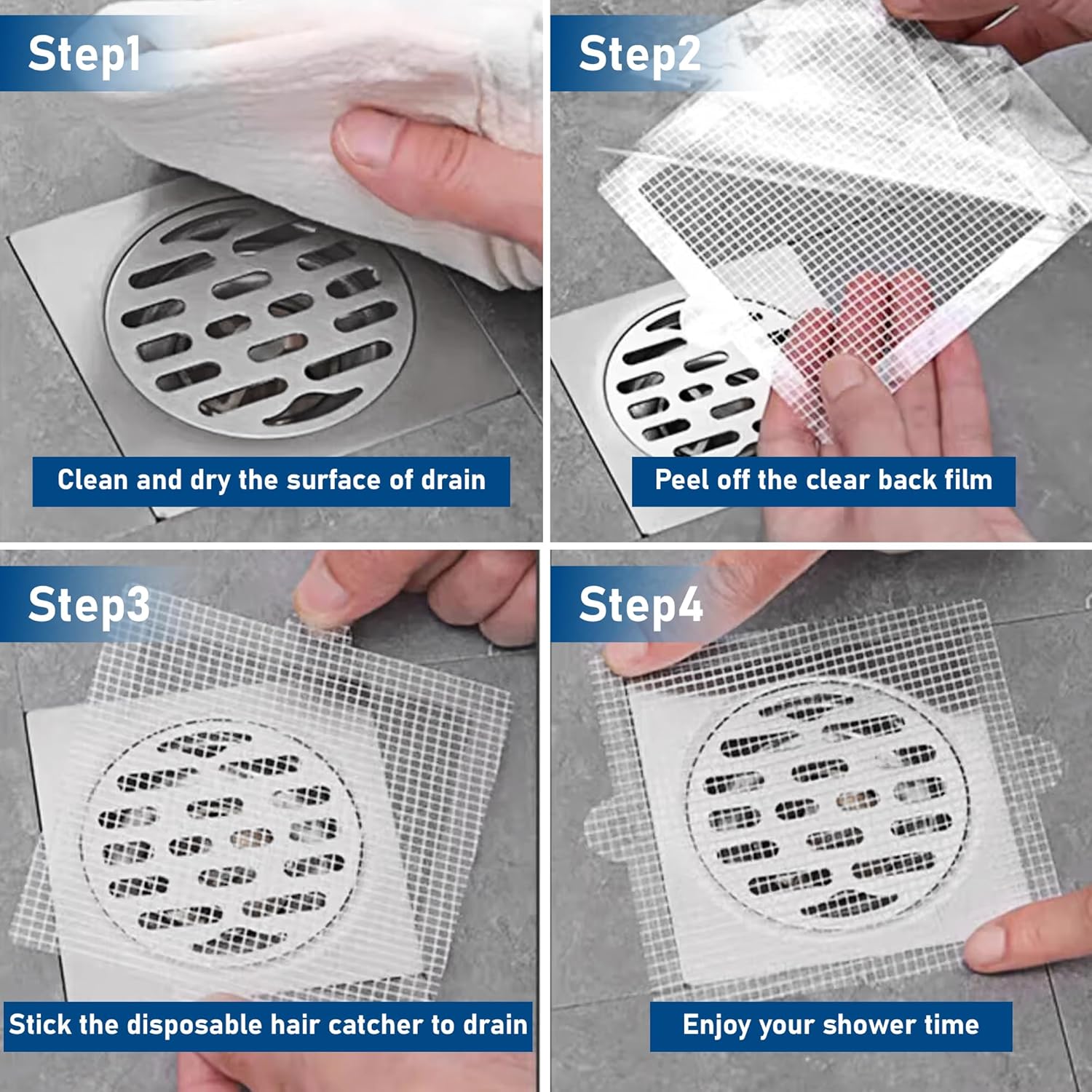 Qeke Disposable Hair Catcher Shower Drain Stickers 50 Pack 41 Inch Square