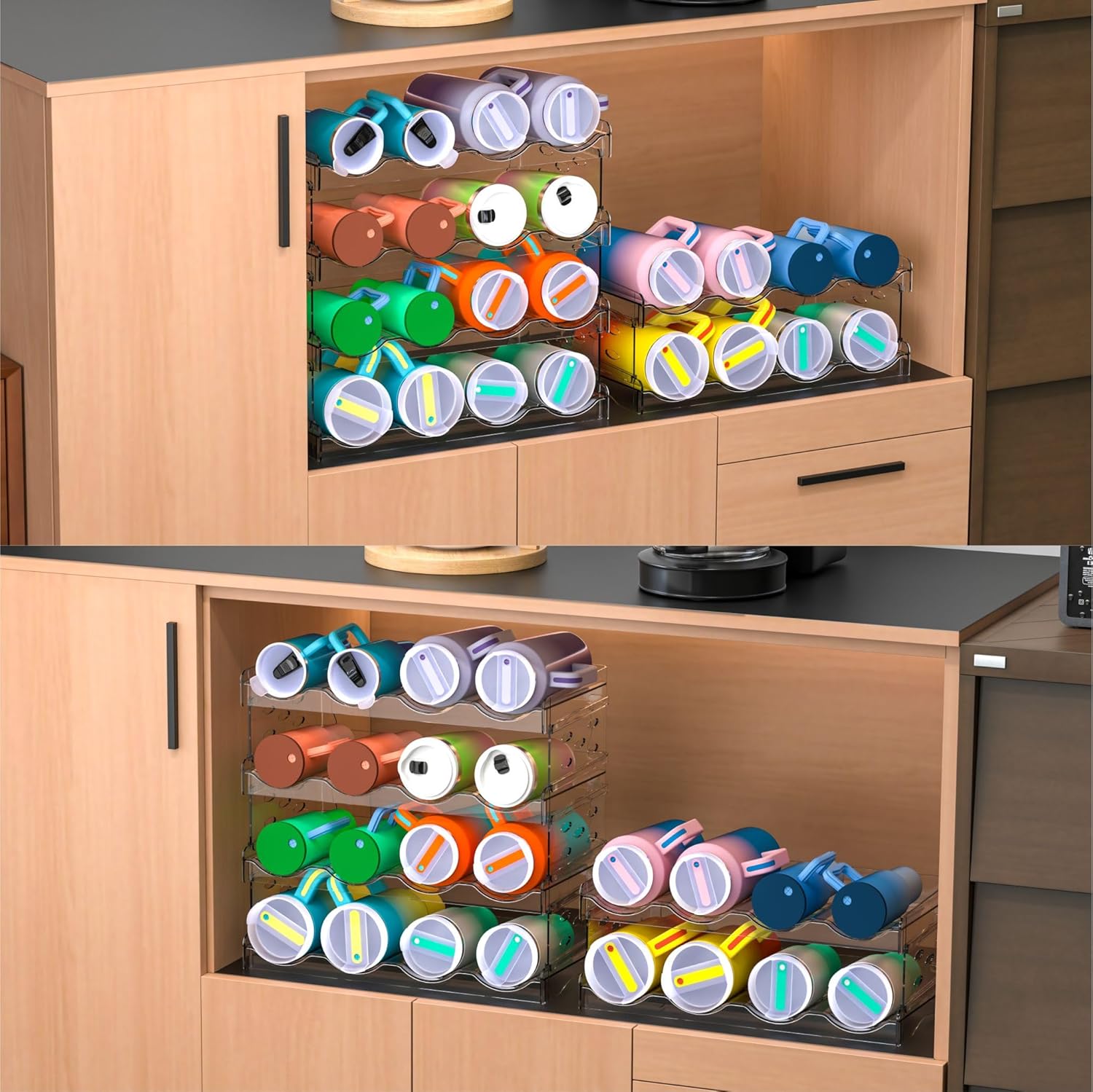 Clear Water Bottle Organizer with 4 Tiers Stackable Design