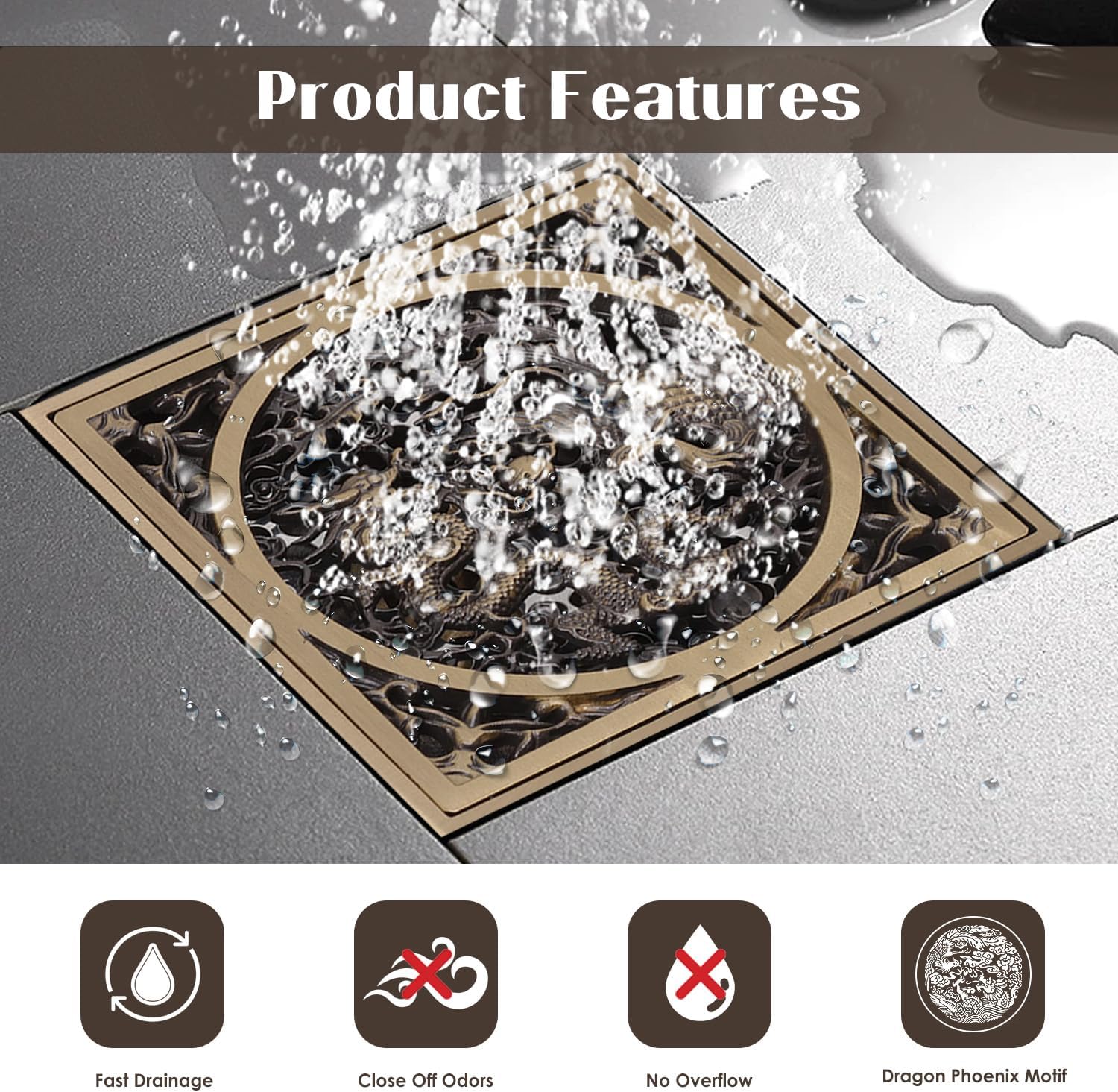 Tissting 43x43in Stainless Steel Copper Floor Drain with Dragon Phoenix Relief Design