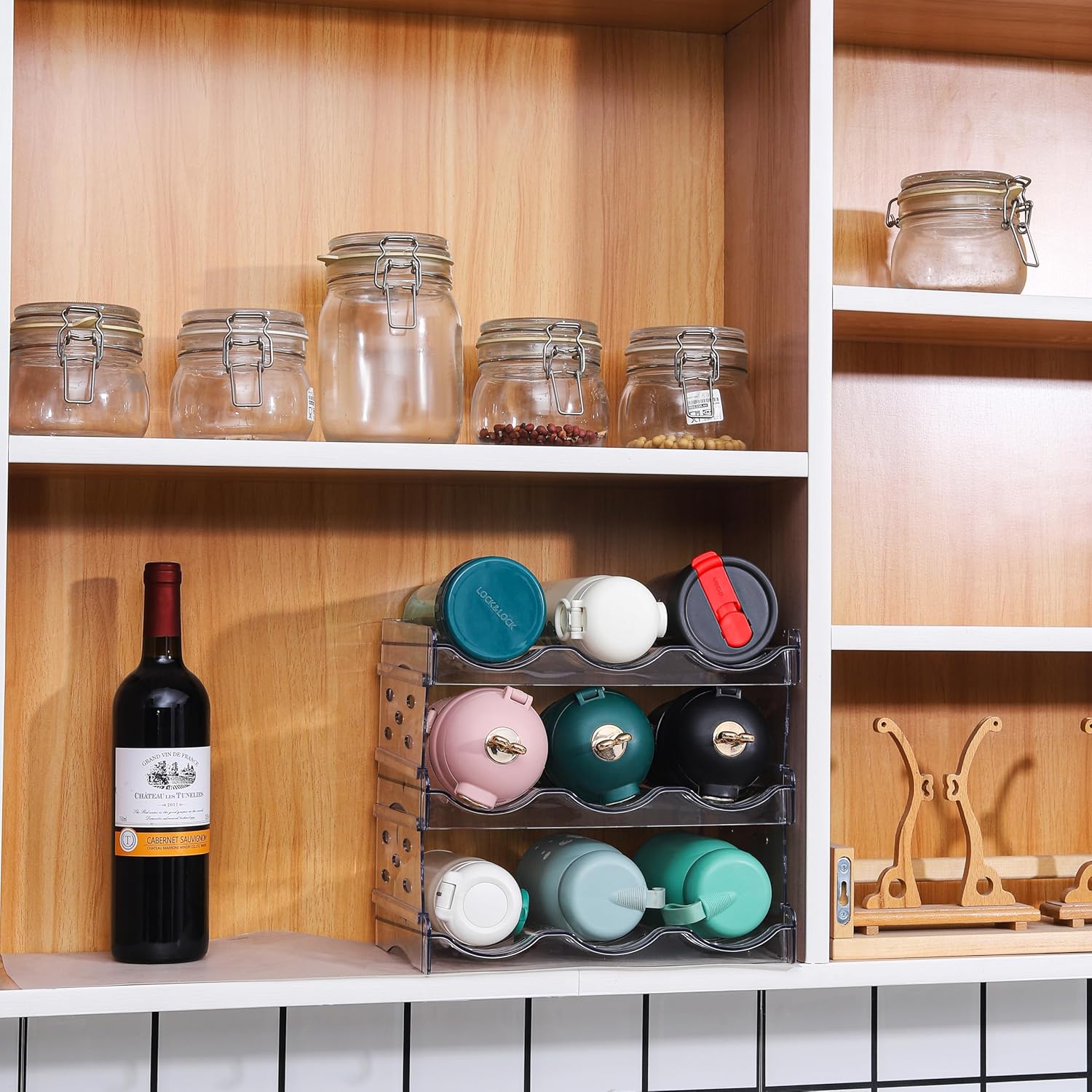 Clear Water Bottle Organizer with 4 Tiers Stackable Design