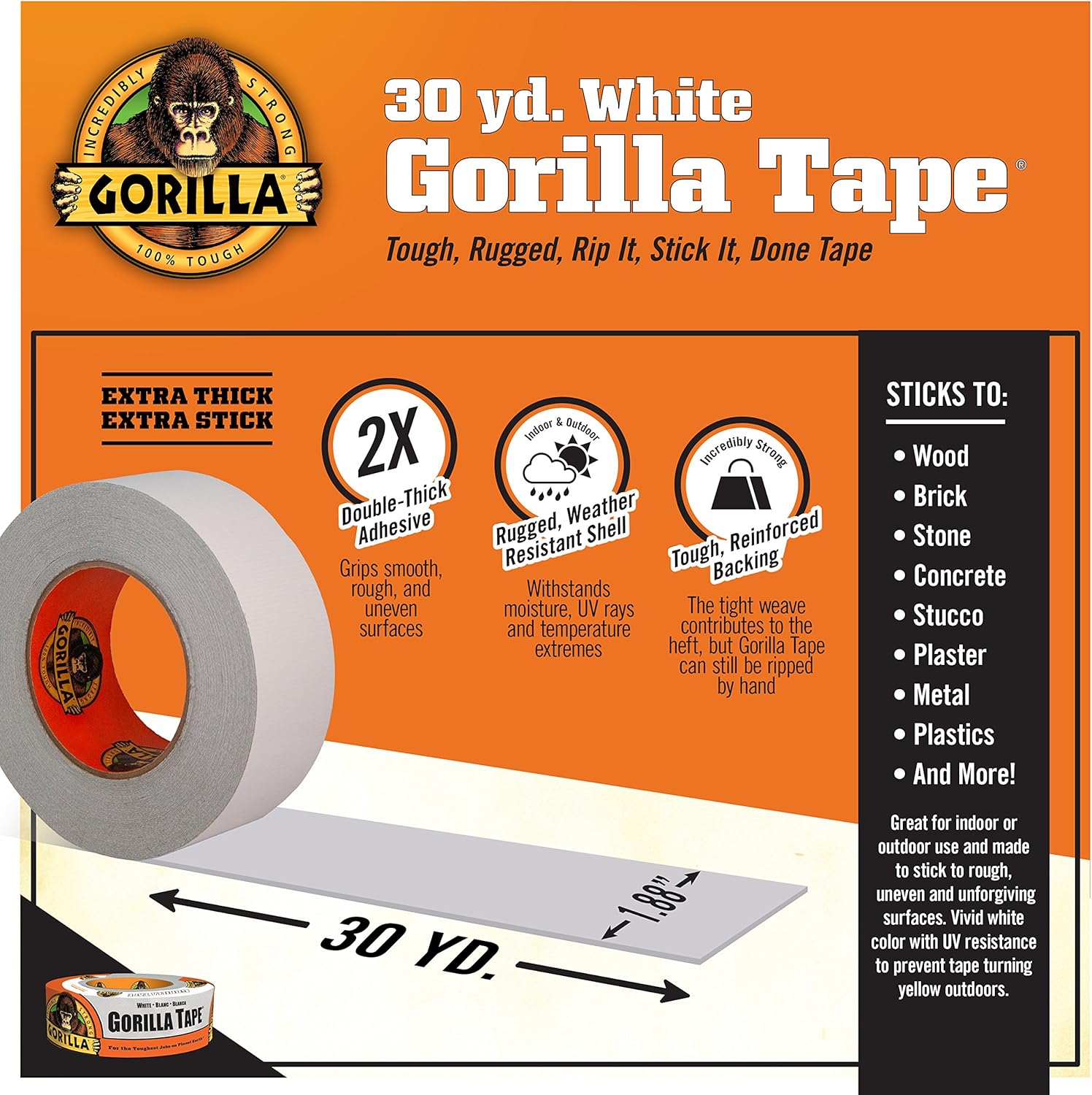 Gorilla White Duct Tape 30 Yd Pack of 2