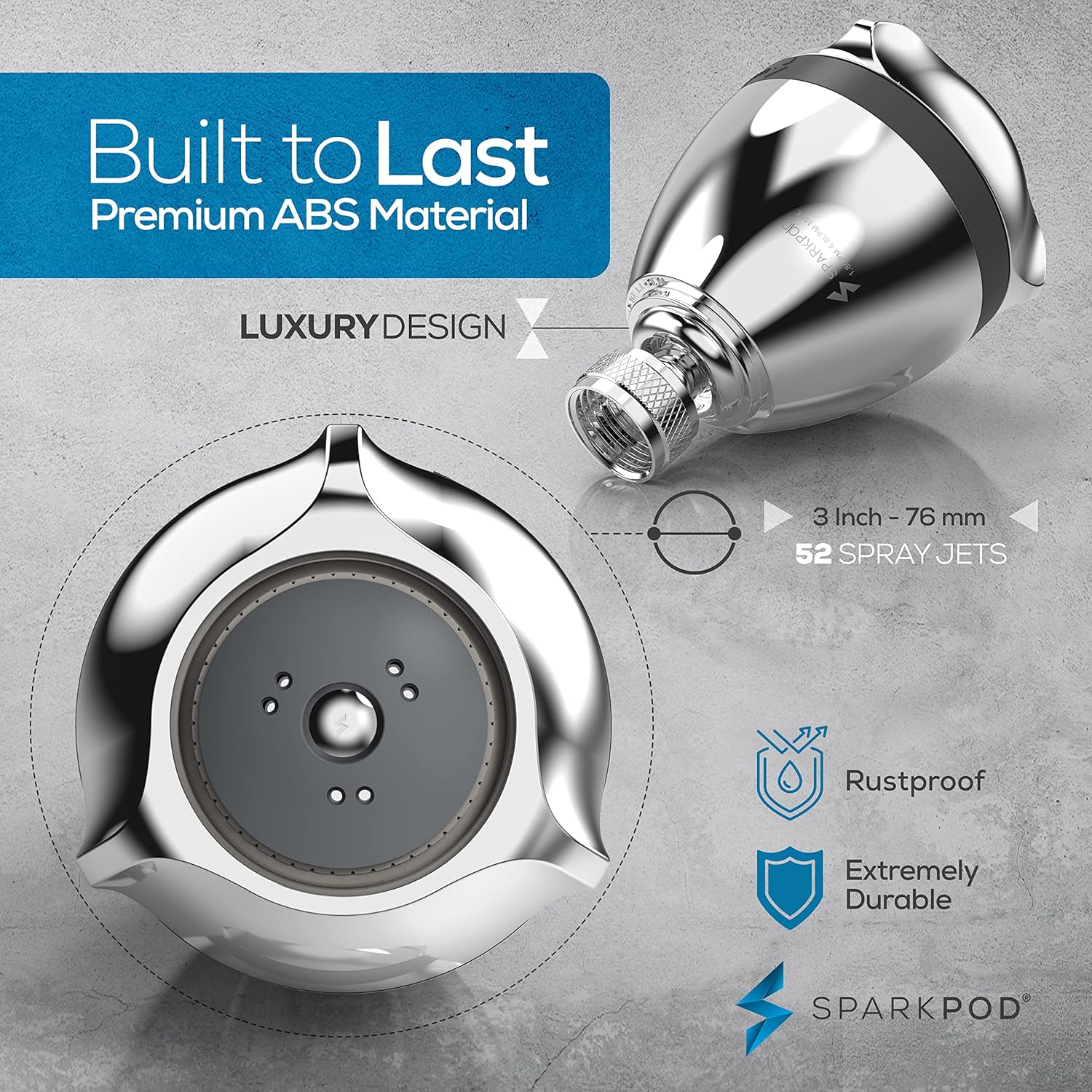 SparkPod 3 Inch High Pressure Shower Head with Rain Massage Settings
