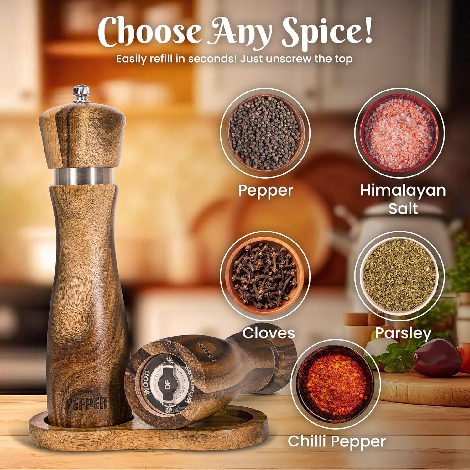 Acacia Wood Salt Pepper Grinder Set