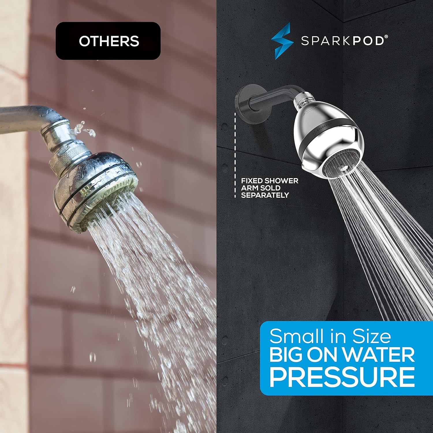 SparkPod 3 Inch High Pressure Shower Head with Rain Massage Settings