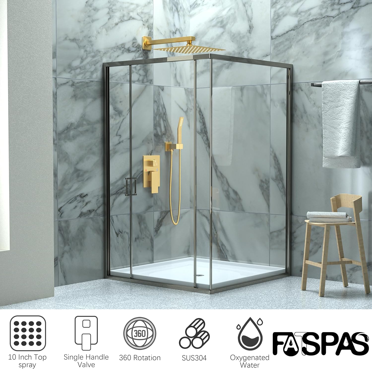 Fatspas 10 Inch Rain Shower Set with Handheld and Brushed Gold Finish